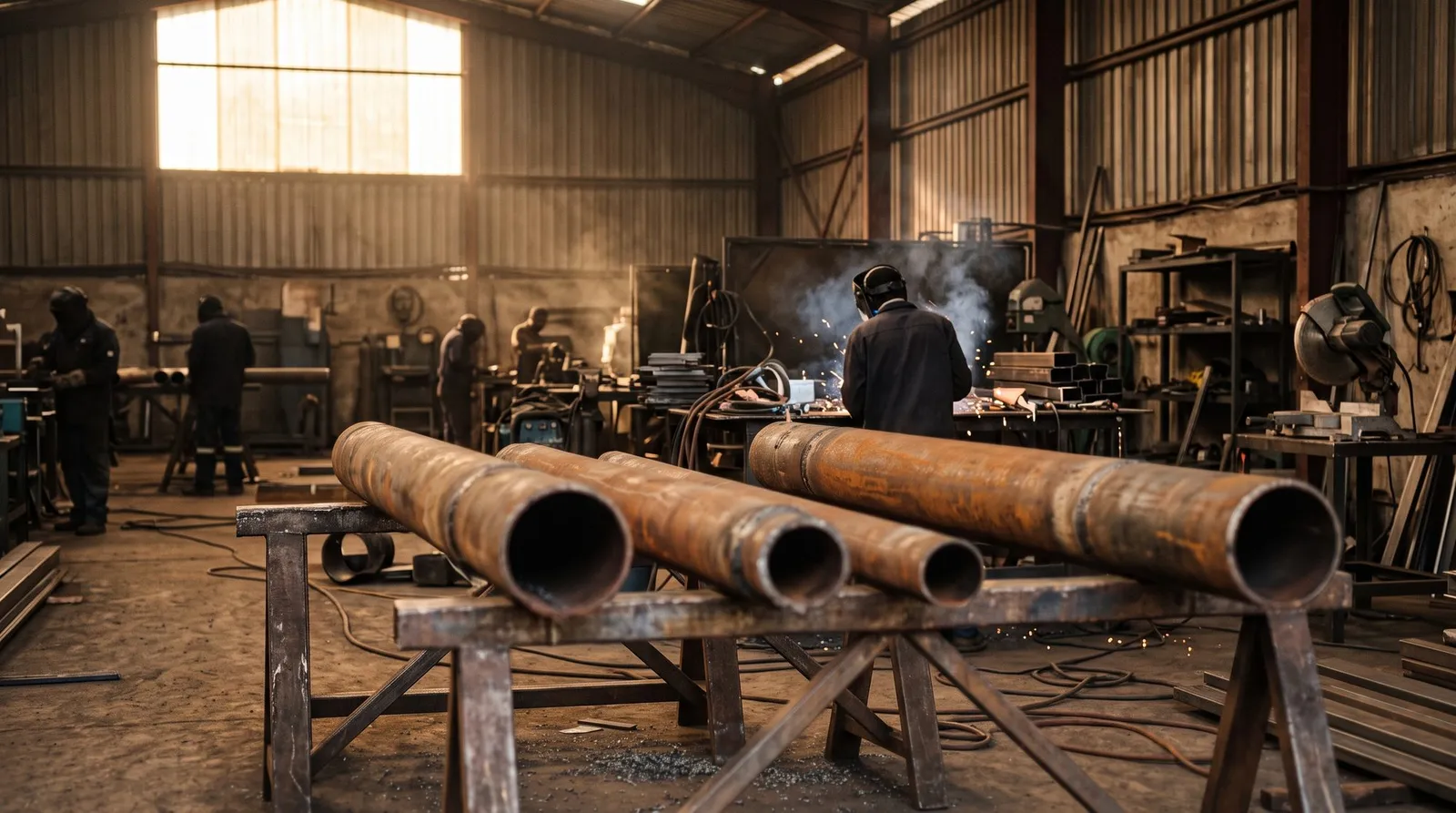 Illustration : atelier de soudure et de tuyauterie industrielle, tubes en préparation au premier plan.