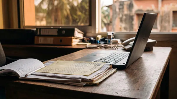Illustration : bureau de petite entreprise, carnet à souches et liasse de factures papier à côté d'un ordinateur portable.