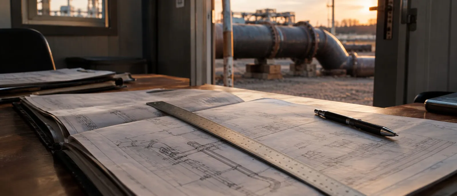 Illustration : dossier technique ouvert sur un bureau de chantier, tuyauterie industrielle en arrière-plan.